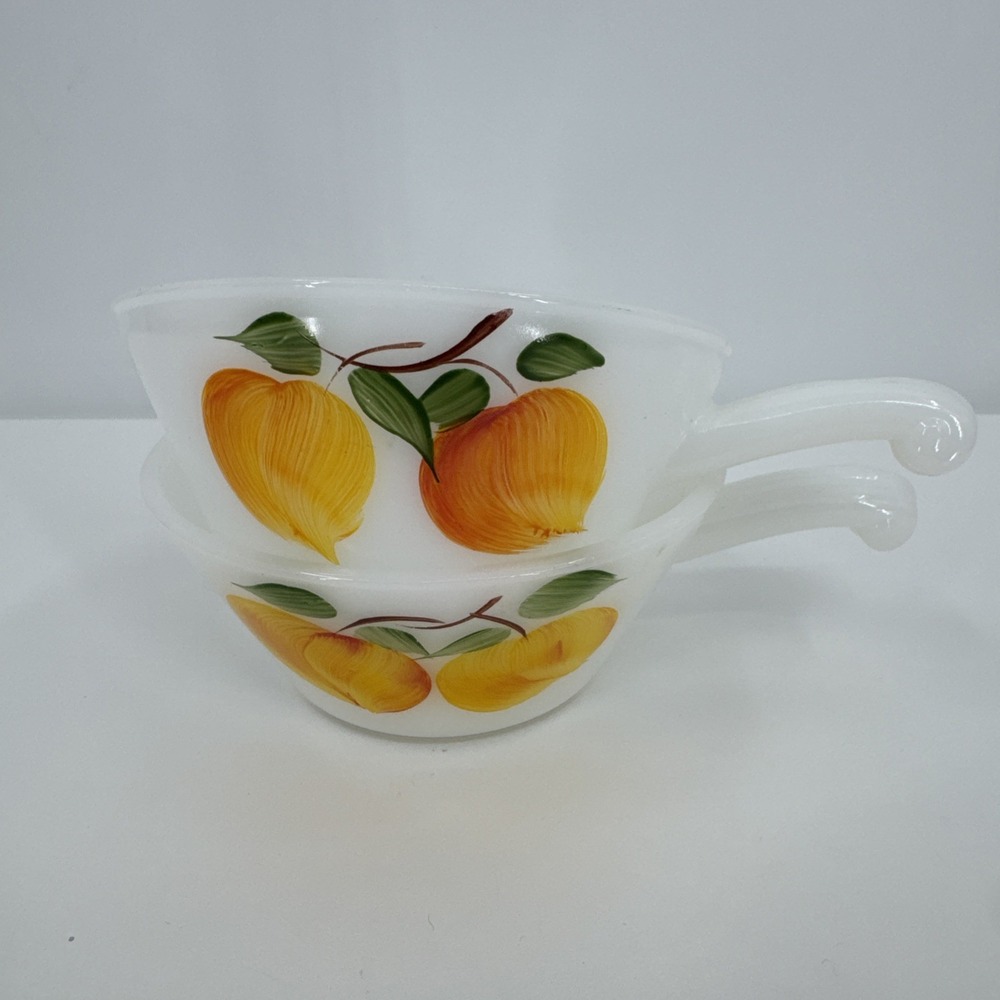 Set‎ of 2 Fire King Milk Glass Handled Soup Bowls Peaches